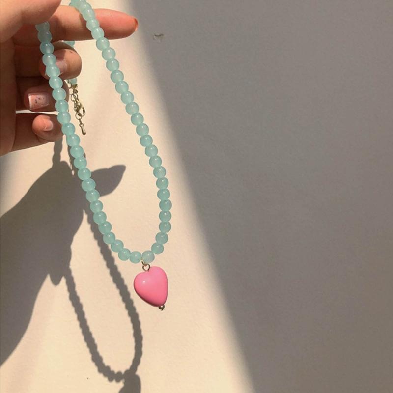 Sweet Pink Heart Pendant Necklace Acrylic Beads Color Contrast Neckchain Candy Color Love Heart Beaded Chain