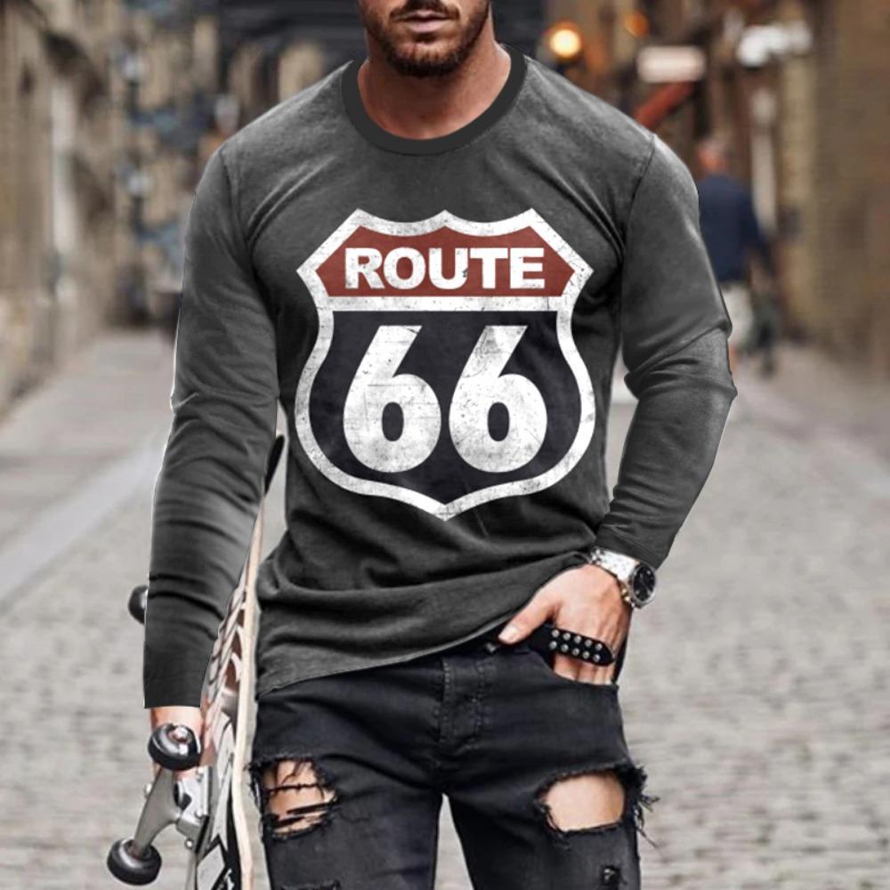 ETST31 2024 Heren T-shirts Lange Mouw 3D Print Top Casual Katoen Vintage T-shirt Vintage Route 66 Tee Los Sport O-hals Kleding 5xl 5XL