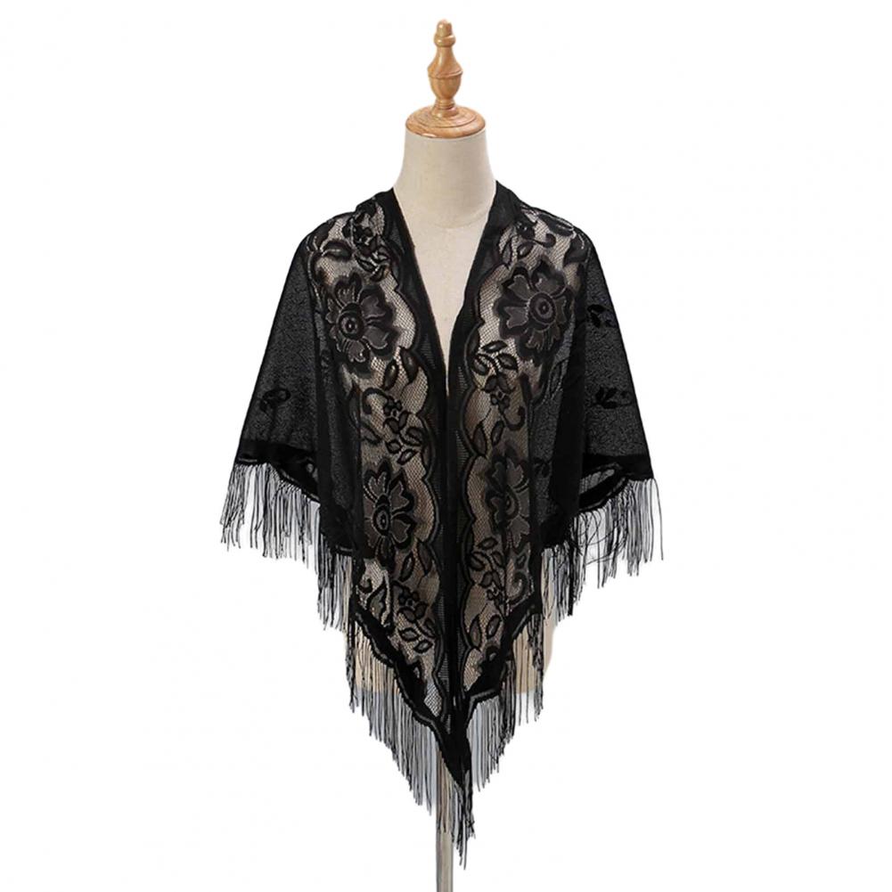 1116  Women Party Shawl Flower Embroidery Hollow Out Tassel See-through Solid Color Clothes Matching Cardigan Prom Scarf Lady