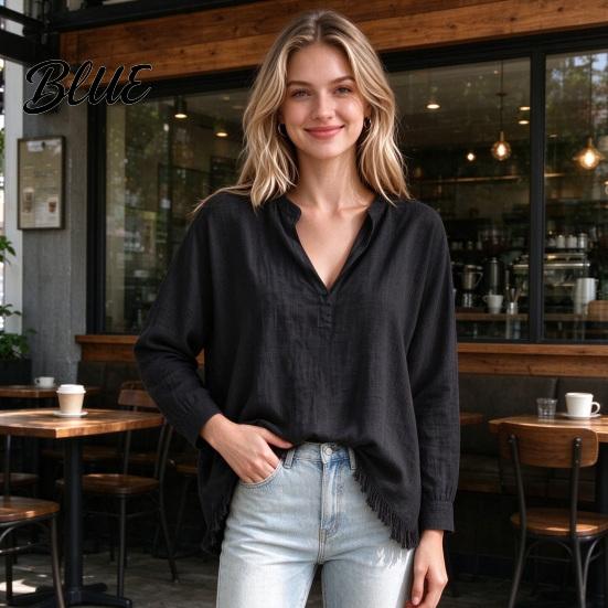 Layered Blouse Women Loose Fit V-Neck Blouse Solid Color Long Sleeve Tassel Hem Daily Wear Shirt Casual Fringe Trim Tops for Business Commuting