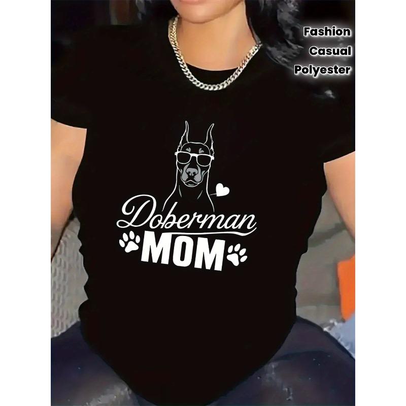 

European sizes Women s Doberman Mom Graphic T-Shirt - Soft Polyester Pet Lover Tee with Doberman in Fashion Glasses 4XL чорний