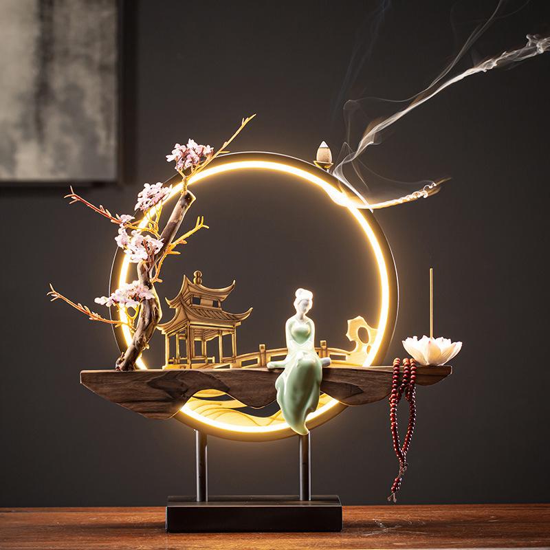 Chinese-Style TV Cabinet Backflow Incense Burner with LED Night Light - Dongting Lake Gift