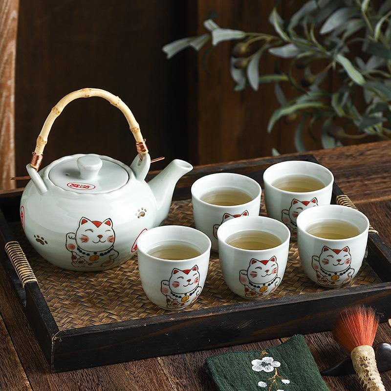 Japanese ceramic hand-painted teapot with handle, tea pot with underglaze color, ceramic tea set with pufferfish pattern