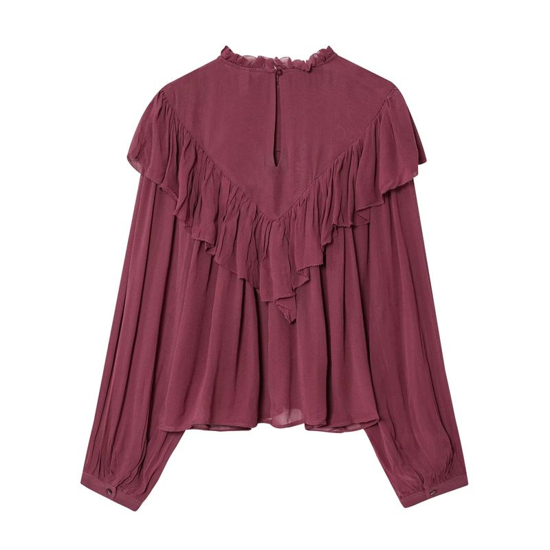 Zbzr Spring New Women Clothes Western Style Fashion Laminated Frill Decorative Round Neck Long Sleeve Shirts 1304737