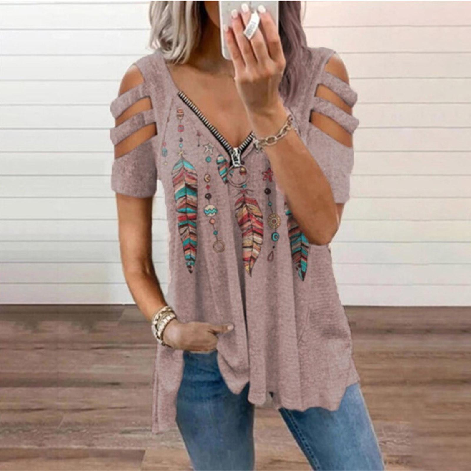 

Летние женские топы с v-образным вырезом на молнии, пуловер с принтом, свободная футболка с короткими рукавами XXXXXL розовый