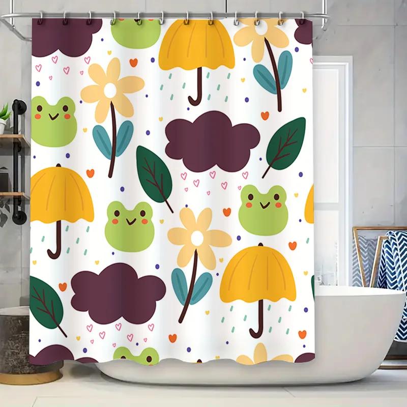 

Bright Umbrella Frog Flower Shower Curtain for Bath Room Decor Waterproof Fabric Printing Home Decorative Toilet Liner White Yel 90x180cm