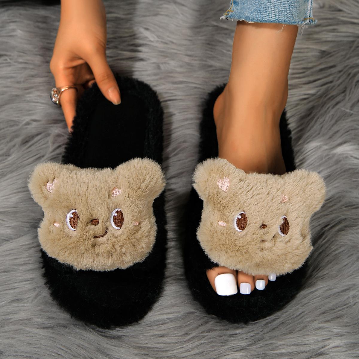 

Милые тапочки с животными для женщин и девочек, пушистые зимние теплые тапочки, женские домашние тапочки с мультяшным принтом, забавная обувь 42-43 чёрный