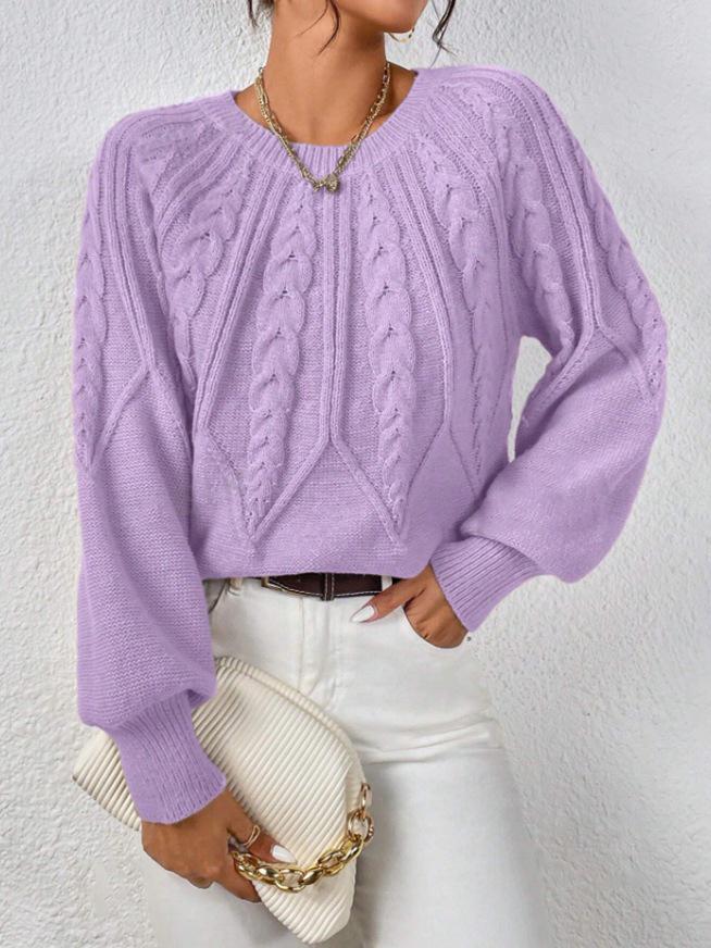 Women's Round Neck Cable Knit Sweater - Long Sleeve, Solid Color, Autumn Winter Versatile Pullover.