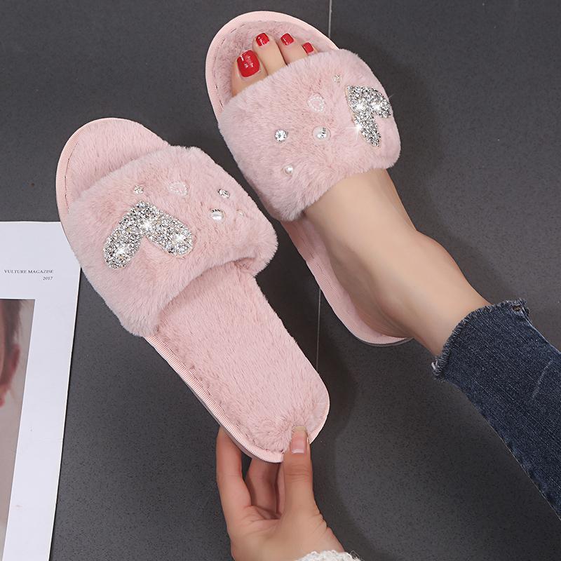 Fashion Light Open Toe Cotton Slippers for Women Elegant Pearls Detor Indoor Cotton Slippers Woman Soft Faux Fur Flats Plush Slides Lady