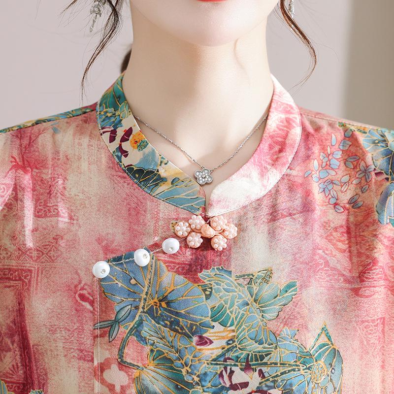 Printed Chiffon Cheongsam Dress - Women's Summer Mom Outfit, Mid-Length Temperament Style.