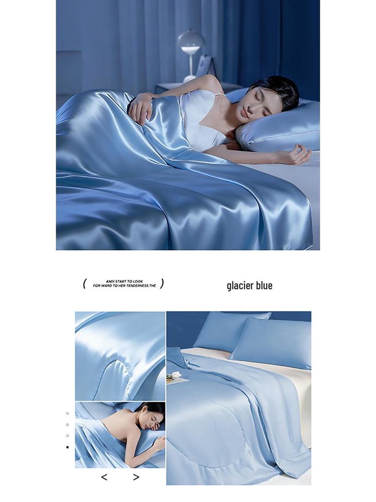 Spring/Summer Washable Ice Silk Quilt Set: Cool Summer Quilt & Thin Blanket with Cooling Fitted Sheet for Air Conditioning