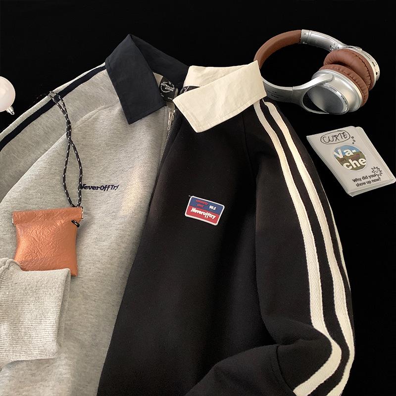 Sweat-shirt polo à demi-zip rayé gris rétro japonais pour homme - Veste à manches longues pour le printemps/l'automne