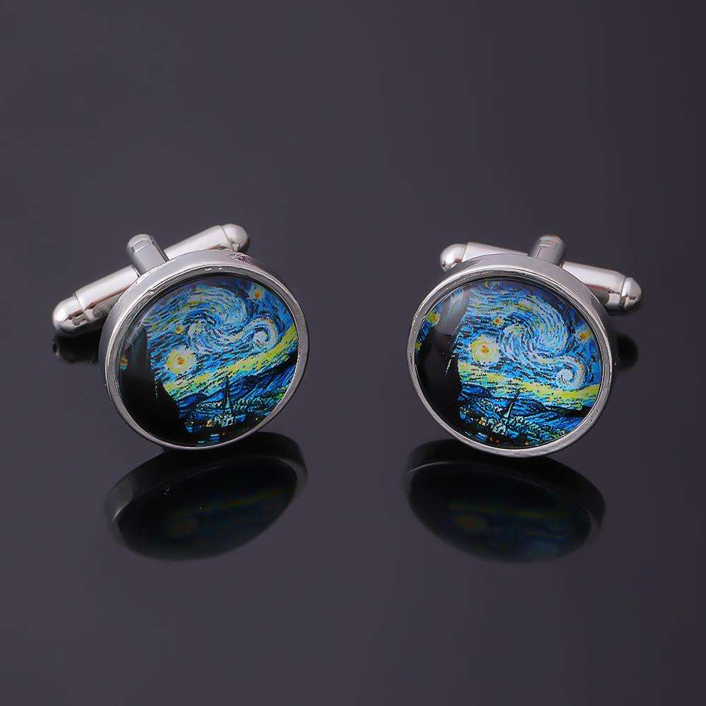Funny Glass Cabochon Art Picture Cufflinks Van Gogh The Starry Night Pattern Round Sleeve Button