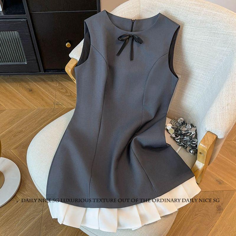 

2025 Summer New Elegant Color Matching Frill round Neck Slim fit Slimming Suit Vest Dress Women Sleeveless Dress Deep Space Gray L