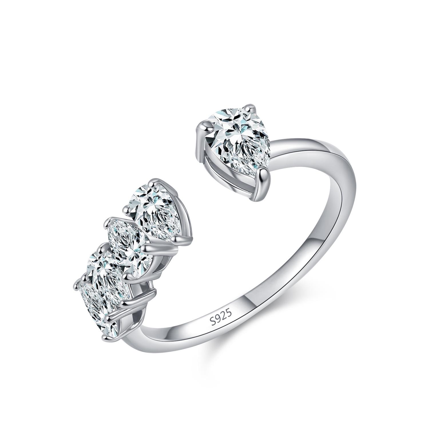S925 Sterling Silver Water Drop Zircon Adjustable Ring - European/American Style for Women Size 5