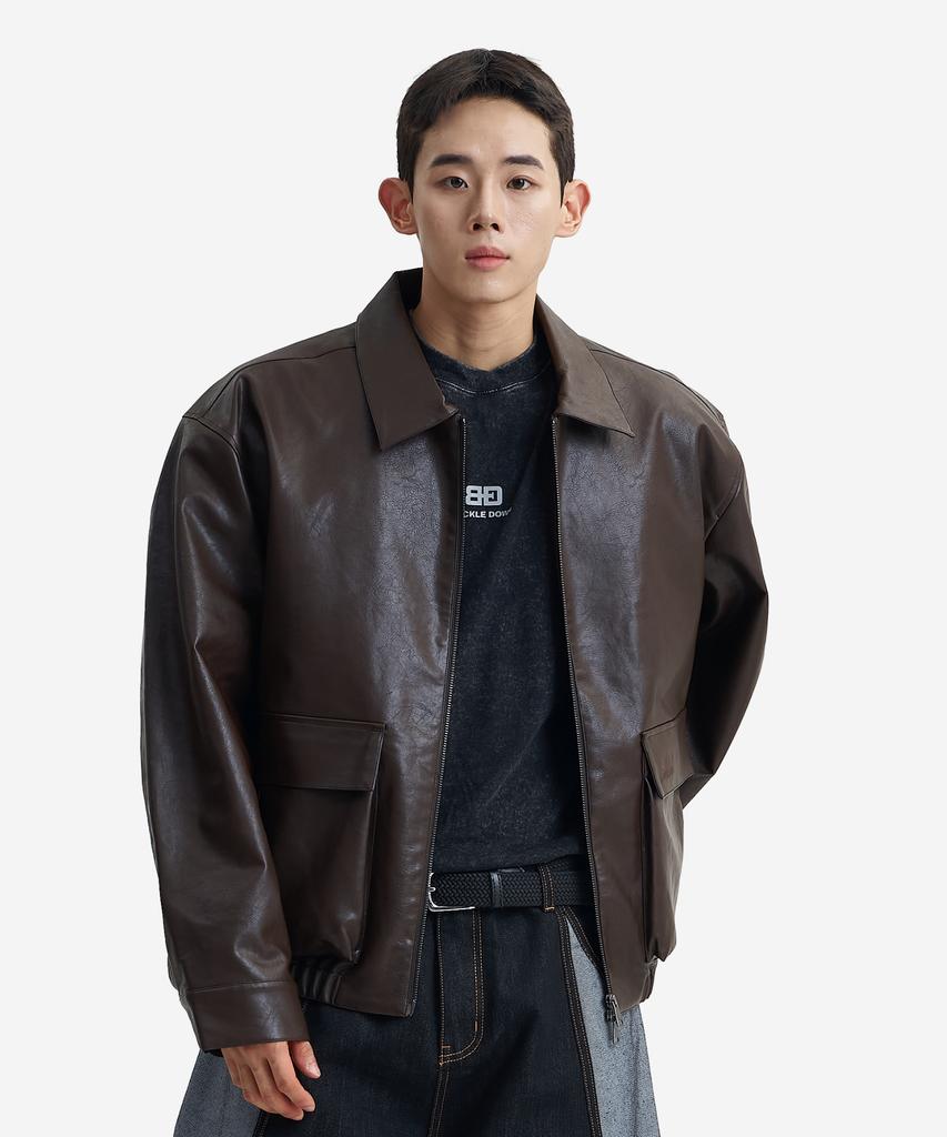 BUCKLE DOWN Simple Overfit 2-Way Zip-Up Double Pocket Pu Leather Jacket (Brown)