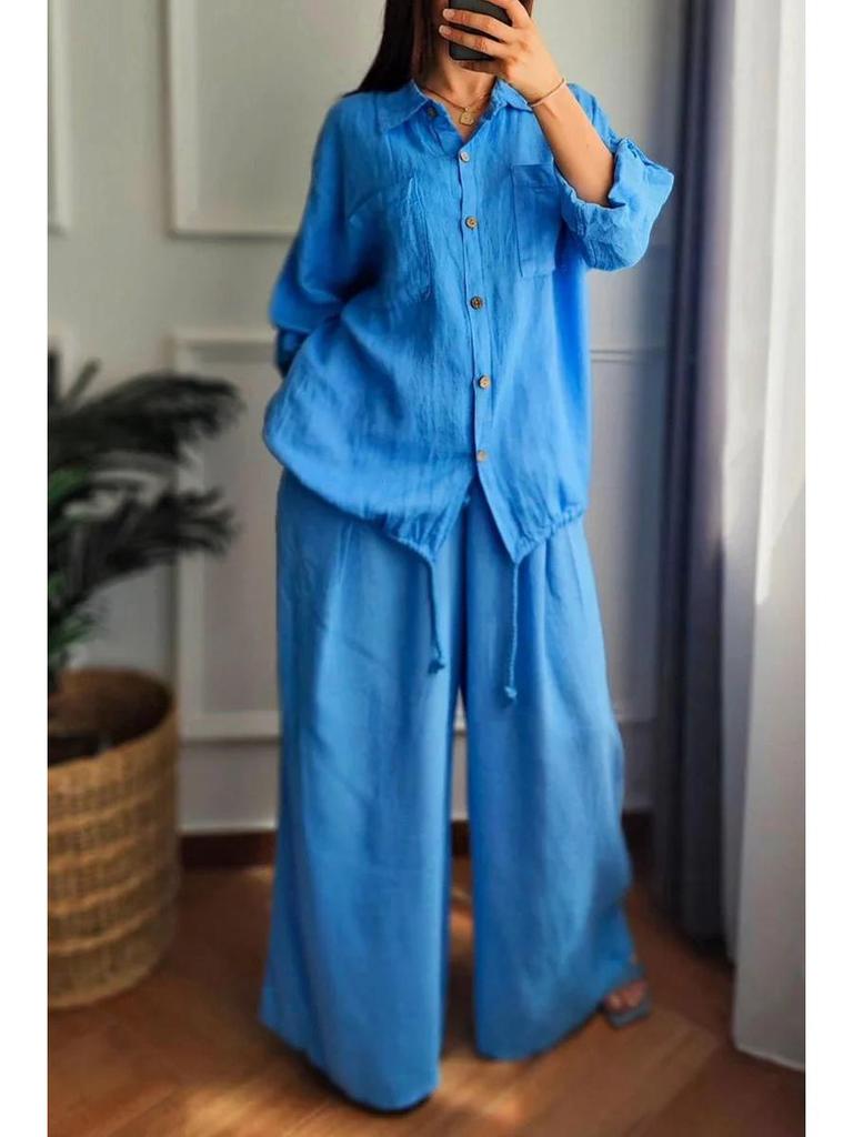 Plus Size Cotton Linen High Waist Shirt Set - Loose Fit, Solid Color, Long Sleeve, Suitable for Spring and Autumn.