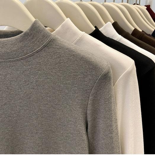 Autumn/Winter 2025 Women's Ribbed Half-High Neck Velvet-Lined Base Layer Shirt with Stand Collar
