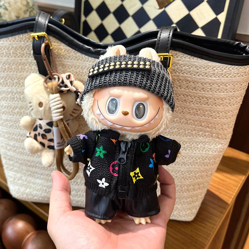 

For 17cm Labubu Luxury Old Money Style Clothing Set Trendy Hat Leather Pants V1 V2 V3 Labubu Clothes set Doll Accessories Toys No Doll чёрный