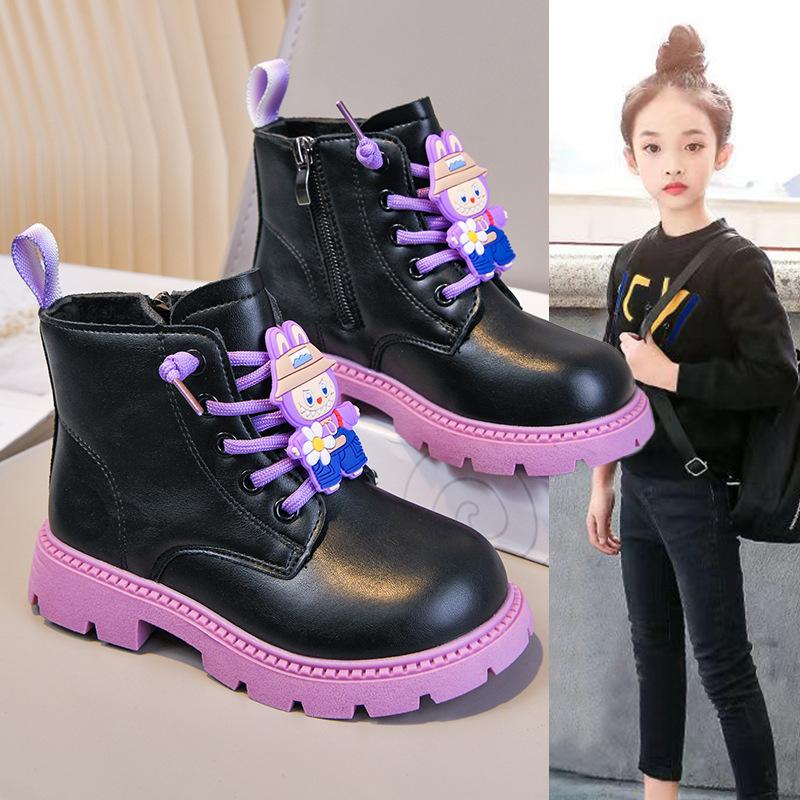 Girls' Martin Boots with Side Zipper, Autumn/Winter Kuromi Princess Style Mid-Calf Boots, Shiny Leather, Waterproof, Soft Sole, Fashion Shoes for