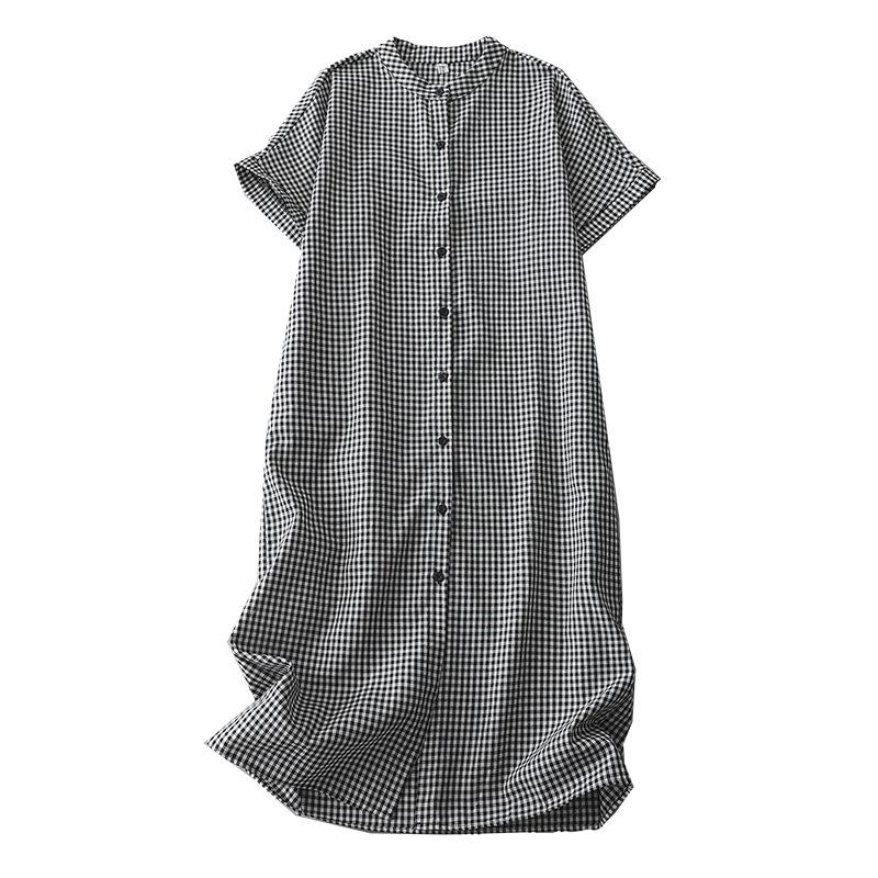 2025 Summer New Retro Shirt Skirt Medium and Long Loose Small Stand-up Collar Temperament Plaid Dress
