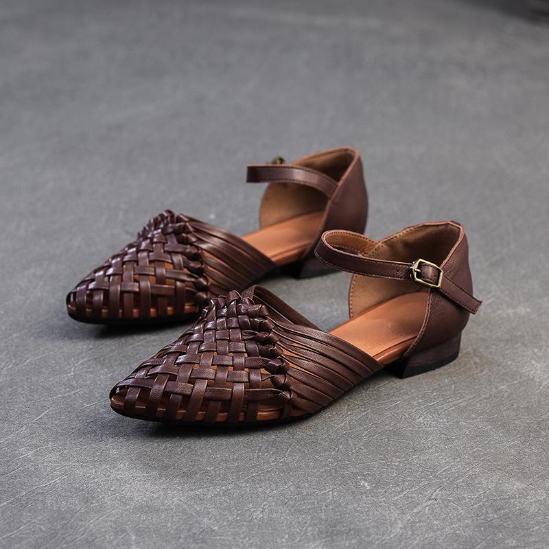 Fashion GKTINOO 2025 Summer New Retro Hand Woven Genuine Leather Flat Sandals Breathable Buckle Commuting Women's Shoes