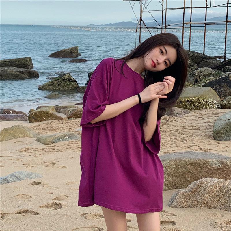 Summer New Couple Girlfriends Lazy Wind Clothes Missing Loose Medium and Long Short-sleeved T-shirt Women's Clothing