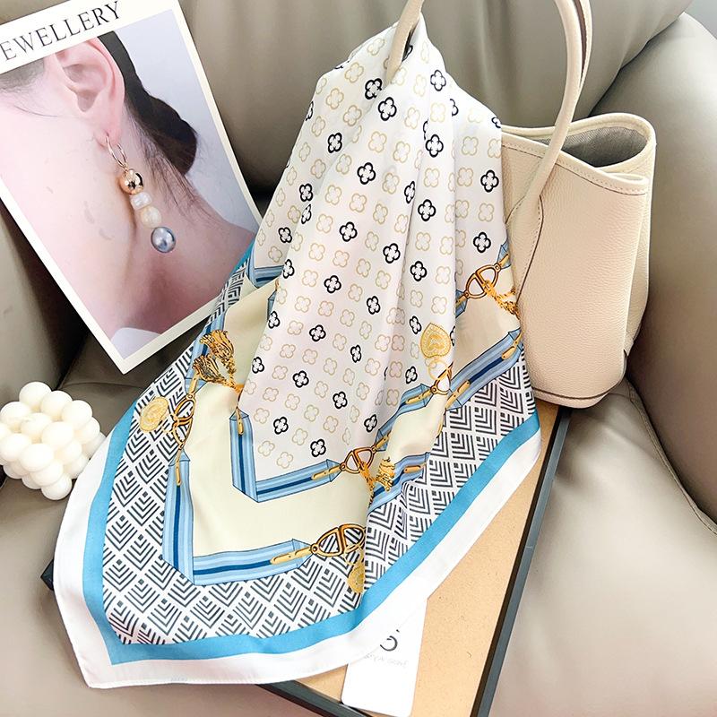 Korean design chain printing high-end silk scarf summer thin imitation silk square scarf versatile neck scarf headscarf