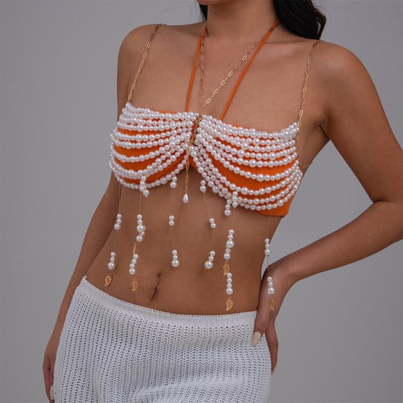 Unique Designs Elegant Pearls Body Jewelry Bra Chain Soft Fabric Decorative Accessory for Bolds Fashionable Statement