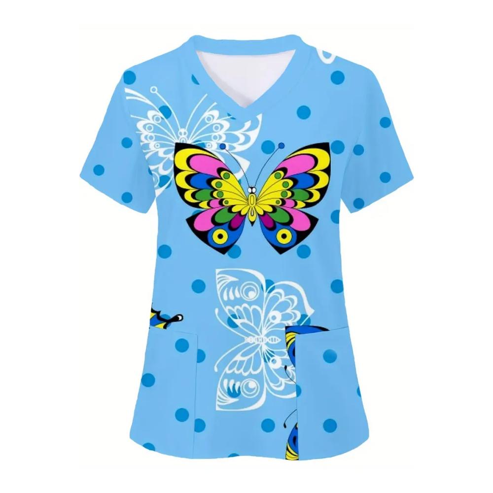 Clinical Uniform Woman Elegant Butterfly Print Summer Microelastic V-Neck Health Care Fashion Short Sleeve Tops Medical Clothes