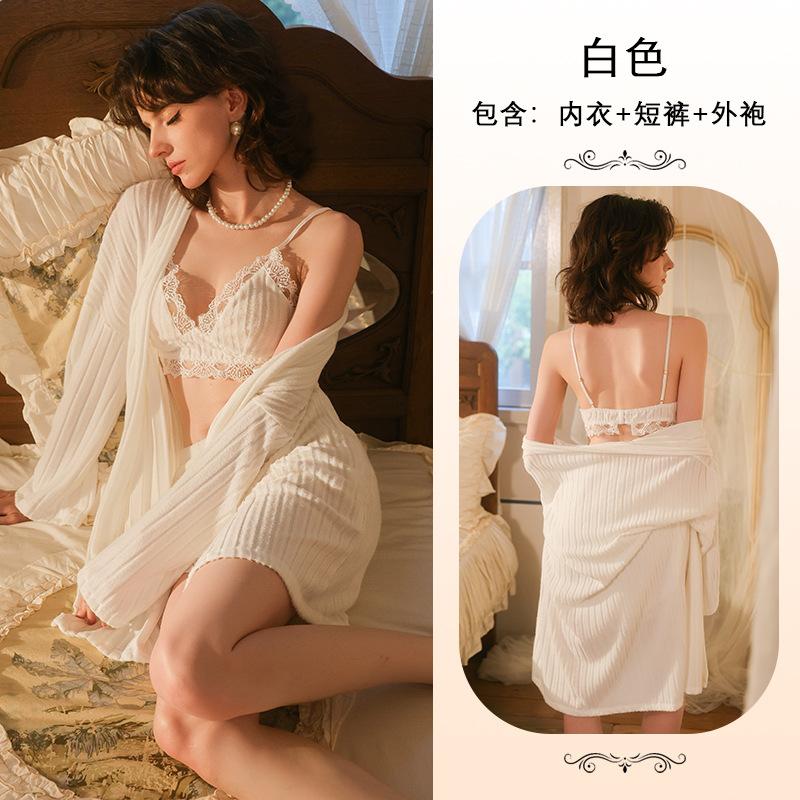 Sexy Spice Girls Pure Desire V-Neck Pajama Set Grabbing Fabric Lace Splicing Three-piece Set Elegant Loungewear 1117 S
