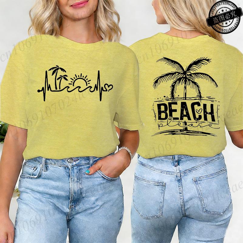 Summer Beach The Beach Is My Happy Place Graphic T Shirts Women Casual Short Sleeve O Neck Loose Fit Ladies Vacation Tee Tops