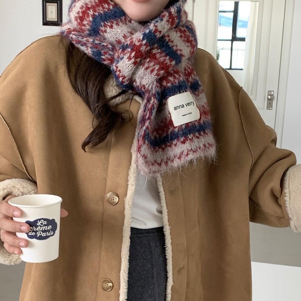 Striped Knitted Scarf for Women Autumn and Winter Thick and Warm College Style Shawl Scarf