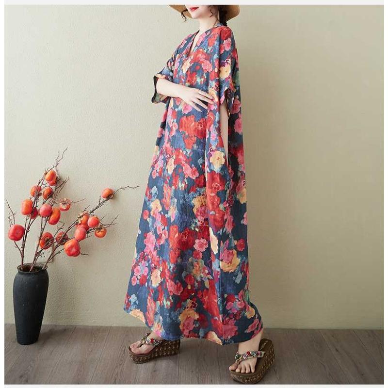 Women's Vintage Long Dress with Cotton and Linen Patterns