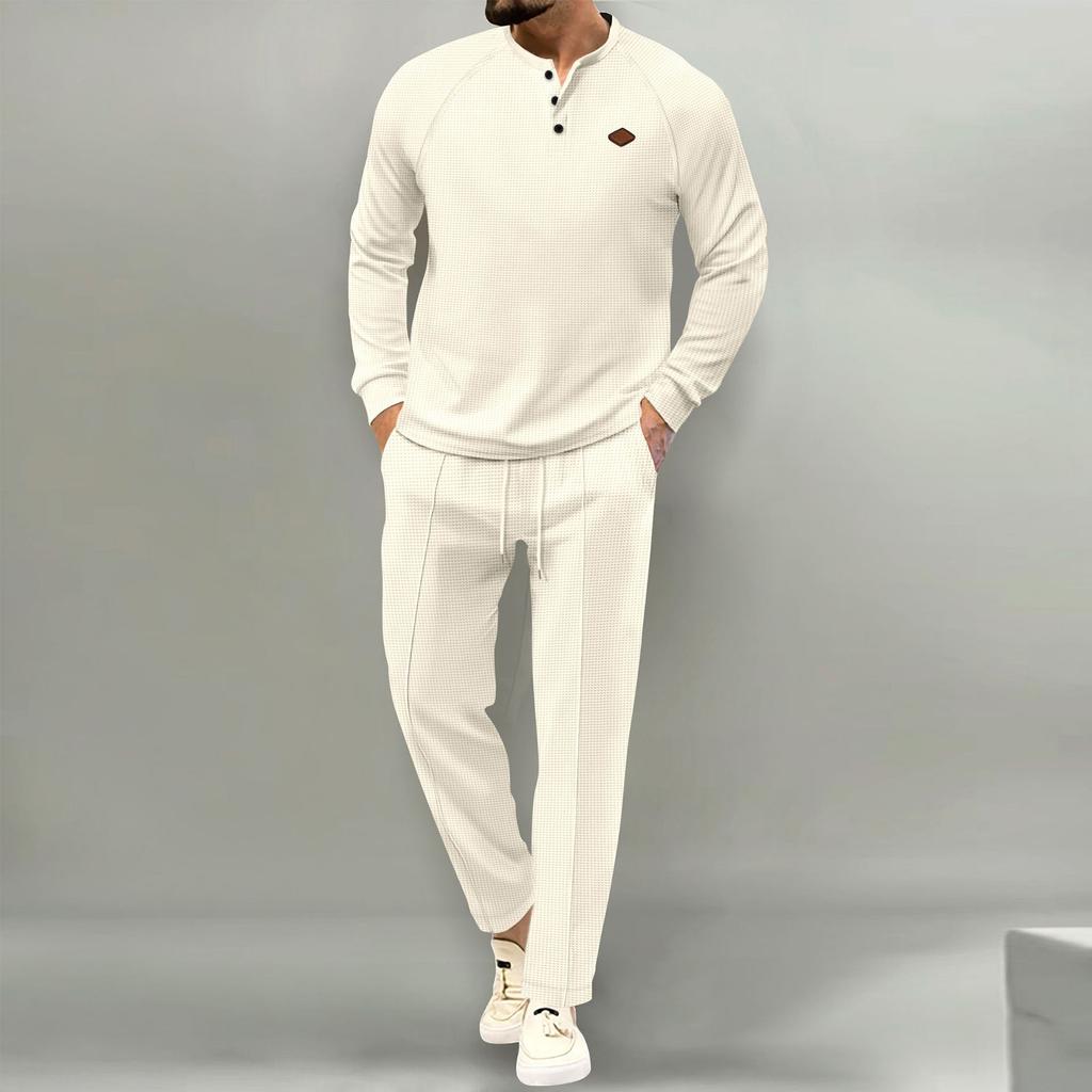 Men's Solid Color Round Neck Three Breasted Casual Sports Long Sleeved Trousers Suit
