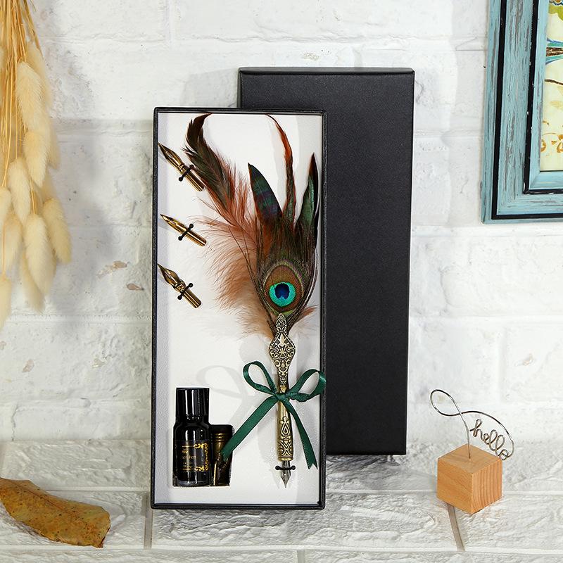 

European Retro Peacock Feather Dip Pen Set with Holder and Ink