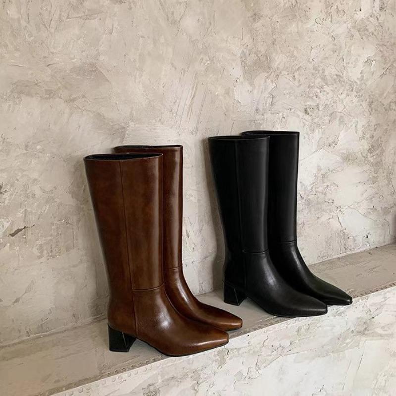 Mode Långa Stövlar Dam Vinter Nya Retro Bruna Raka och Vida Riddarstövlar Platåskor Bruna Långa Stövlar Dam