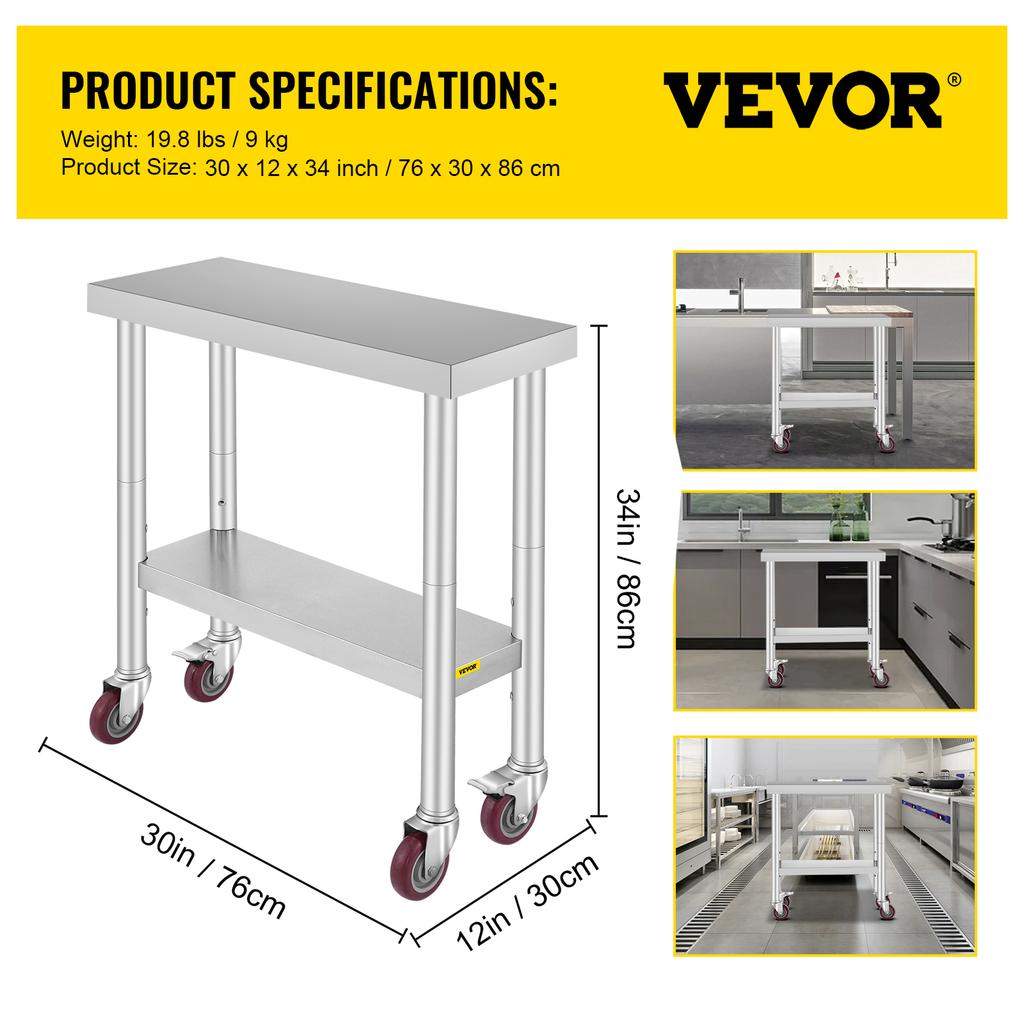 SucceBuy Stainless Steel Kitchen Worktable shelves Commercial Work Bench Table with Caster Wheels for Home Restaurant Storage