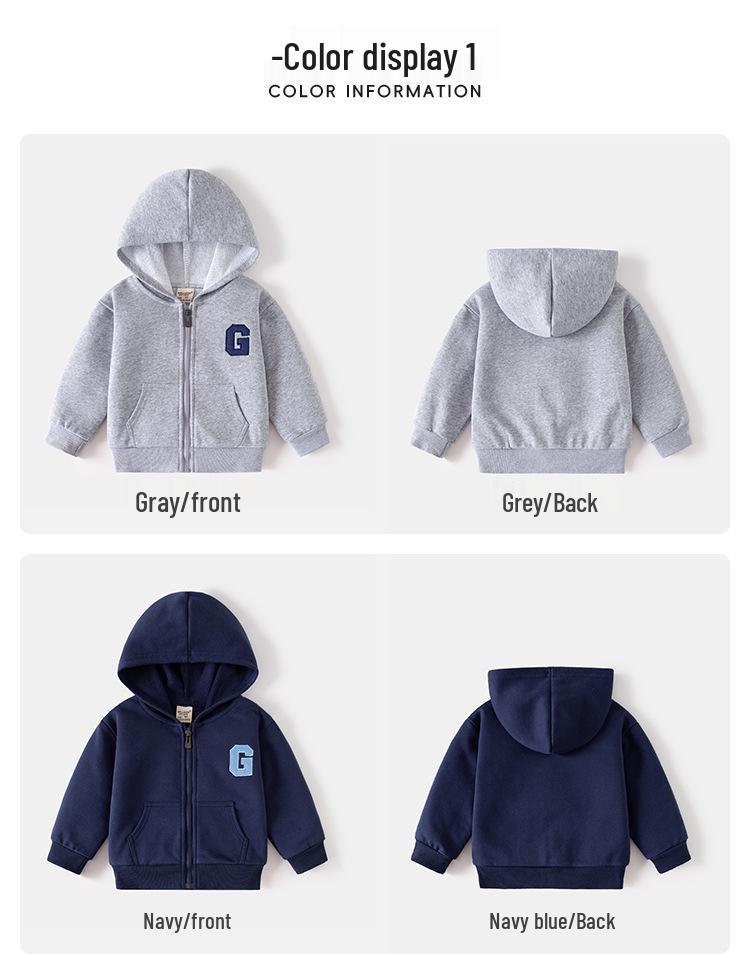 Kids' 2025 Hooded G Letter Zip-Up Jacket - Solid Color Korean Style Sweatshirt