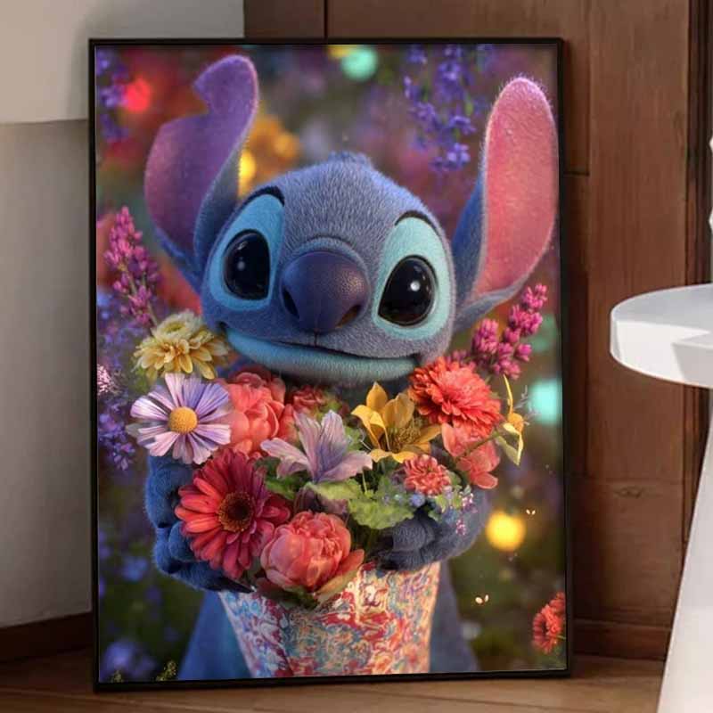 Disney Stitch Flowers Diamond Painting Kit 5D DIY, Suitable for Beginners and Craft Lovers, Interior Space Decoration
