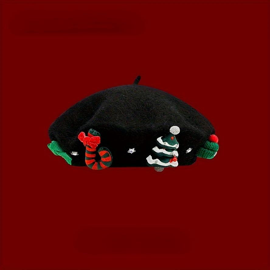 Lady's Red Christmas Beret with 3D Christmas Tree Decoration - Elastic Drawstring Closure, Lightweight