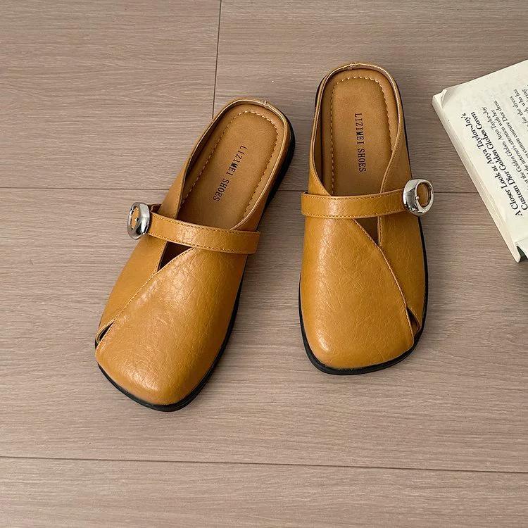 2025 French retro baotou half slippers women's outdoors wear lazy people with one foot, cool slippers, low-heeled square head Mueller shoes