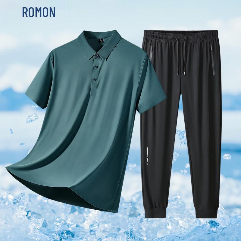 ROMON Men's Ice Silk Polo Shirt & Casual Pants Set