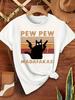 Women's Playful Black Cat "Pew Pew" Graphic T-Shirt - Casual Round Neck Short Sleeve Polyester Machine Washable