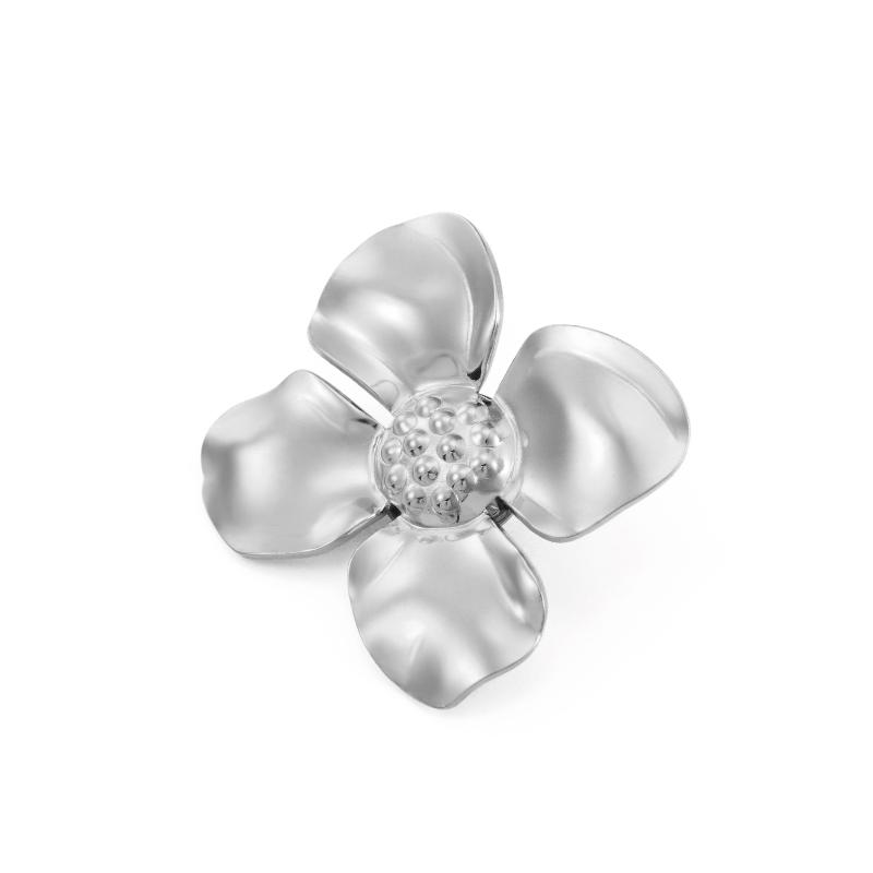 Womens Jewelry Four Petal Flower Brooch French Style Stainless Steel Gold Color Trendy Pin for Wedding Office Gift
