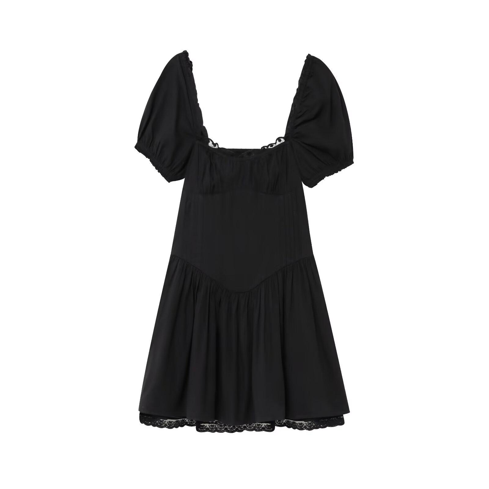 

2025 Spring Women s European & American Style Lace Poplin Short Dress Large чёрный