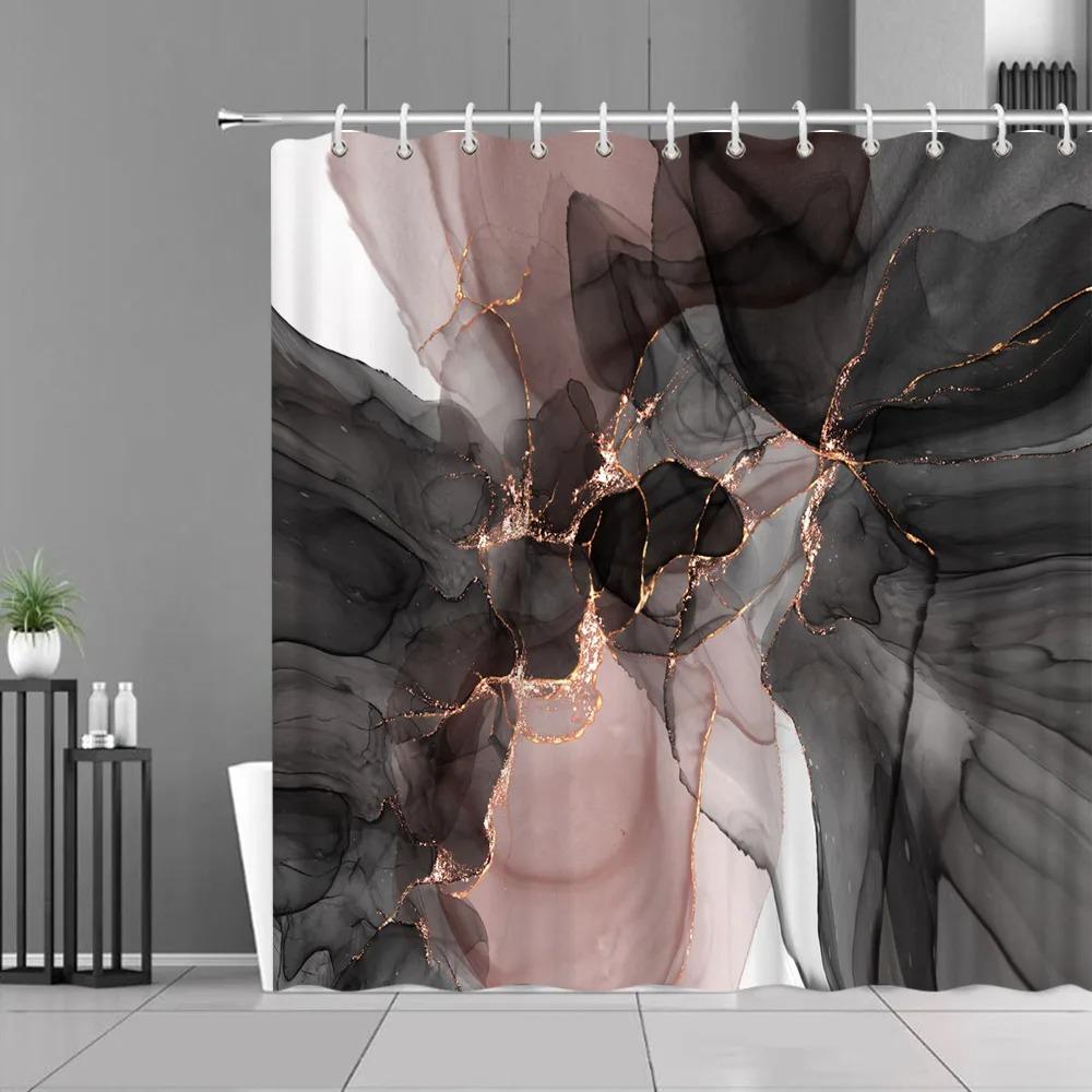Blue Gold Marble Shower Curtains Golden Cracked Lines Abstract Modern Home Washable Polyester Fabric Bath Curtain Bathroom Decor
