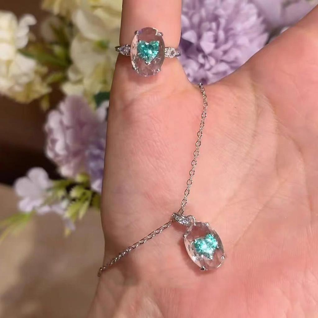 Premium blue love flash diamond ring necklace new light luxury fashion versatile index finger ring simple collarbone chain set