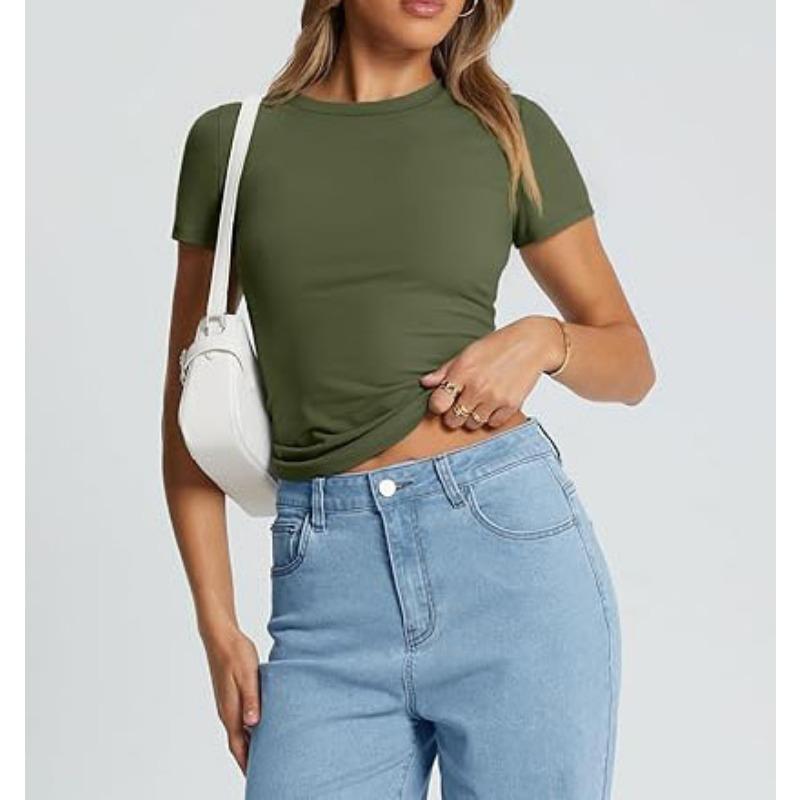 DAFIFY Women's Fashion Casual Summer Spring Solid Color Print Short Sleeve O-Neck Blouses & Shirts