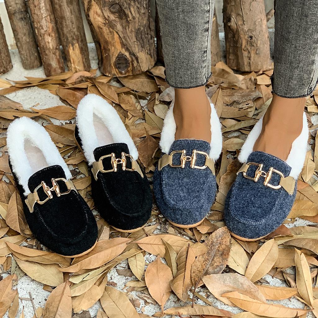 Women Winter Casual Shoes New Moccasins Soft Flat Non-slip Loafers Fashion Comfort Warm Plush Bow Slip on Female Cotton Shoes